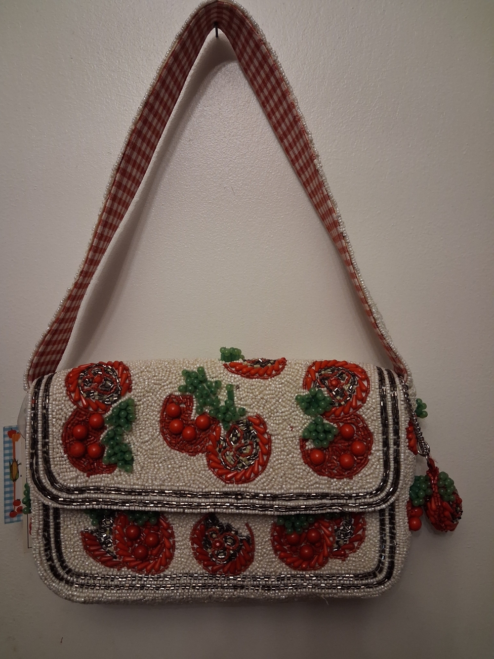 Beaded Cherry Appliqué Shoulder Bag - Cream and Red